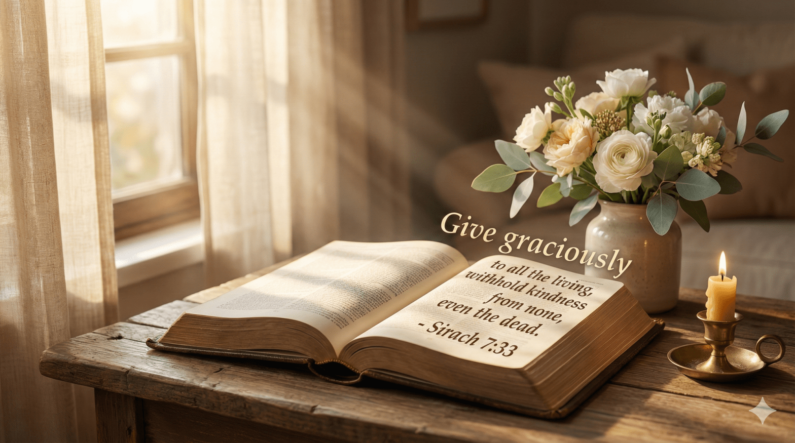 Open Bible bathed in warm morning light with fresh flowers and Sirach 7:33 text overlay on pages