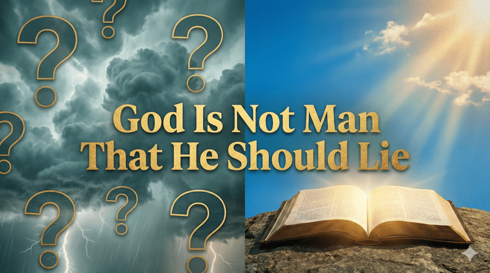 Split image showing stormy clouds versus clear sky with glowing Bible and Numbers 23:19 quote overlay