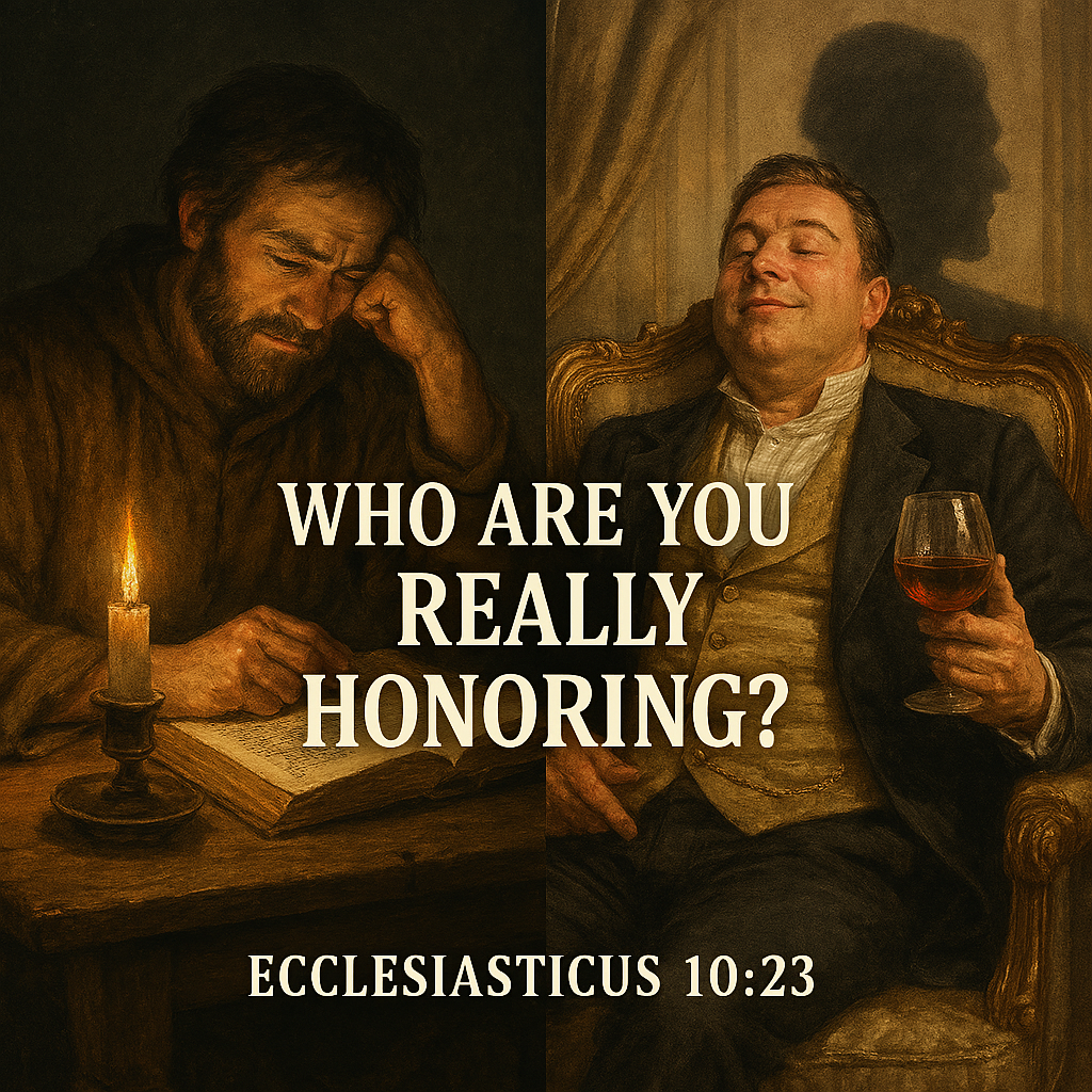 Split image showing a poor scholar reading and a wealthy person in luxury illustrating Ecclesiasticus 10:23