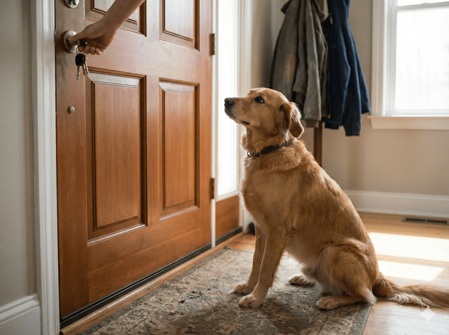 A golden retriever dog sits patiently by a wooden front door, looking up as a hand inserts keys into the lock to leave.