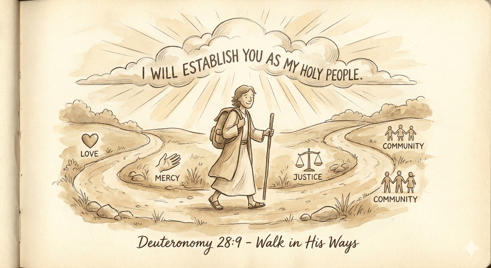 Footprints on path leading to cross at sunrise with text about walking in God’s ways and keeping commandments.