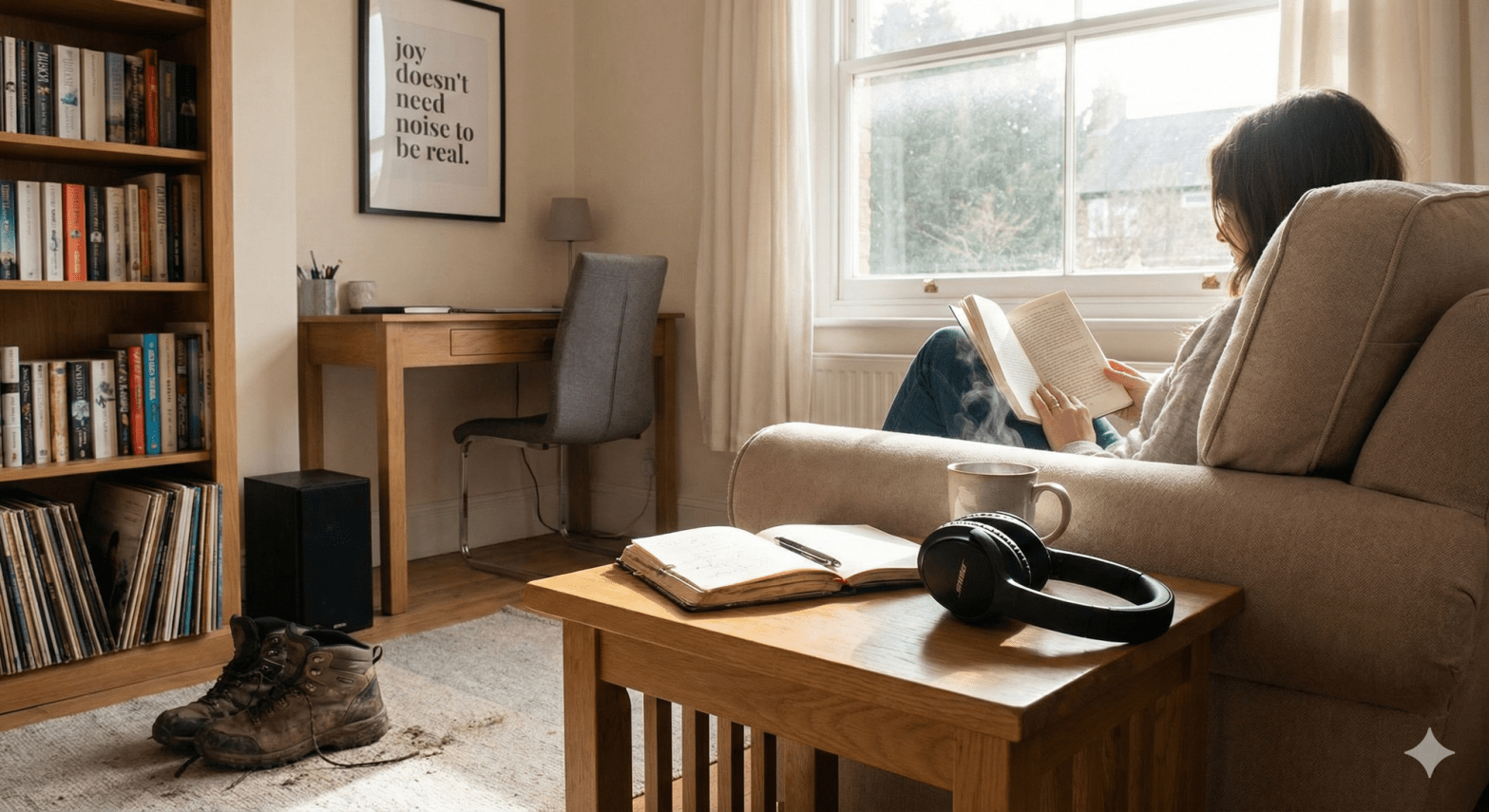 A person reads by a sunny window in a cozy room with a journal, headphones, and walking boots. A framed quote reads, "joy doesn't need noise to be real."