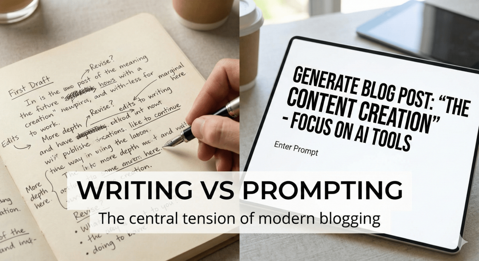 A visual contrast showing thoughtful writing and strategic prompting in contemporary blogging.