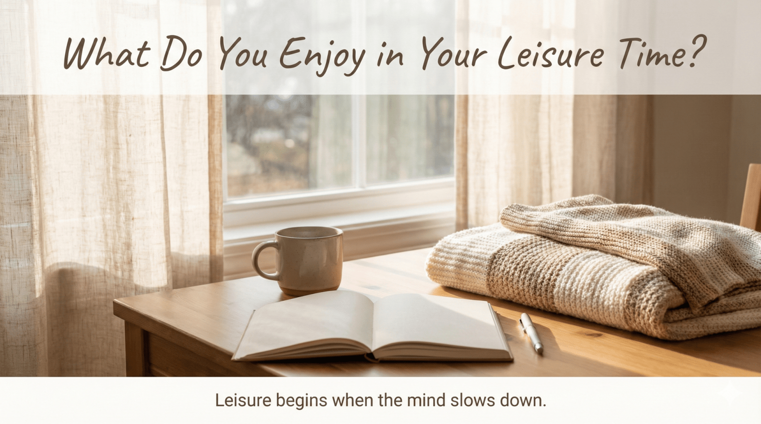 Soft daylight with a notebook symbolising reflective leisure time