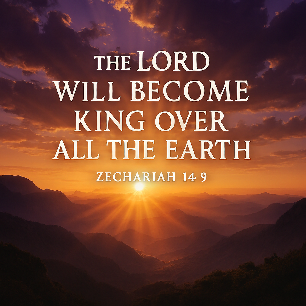Sunrise breaking over mountain peaks with scripture overlay reading The Lord will become king over all the earth Zechariah 14:9.