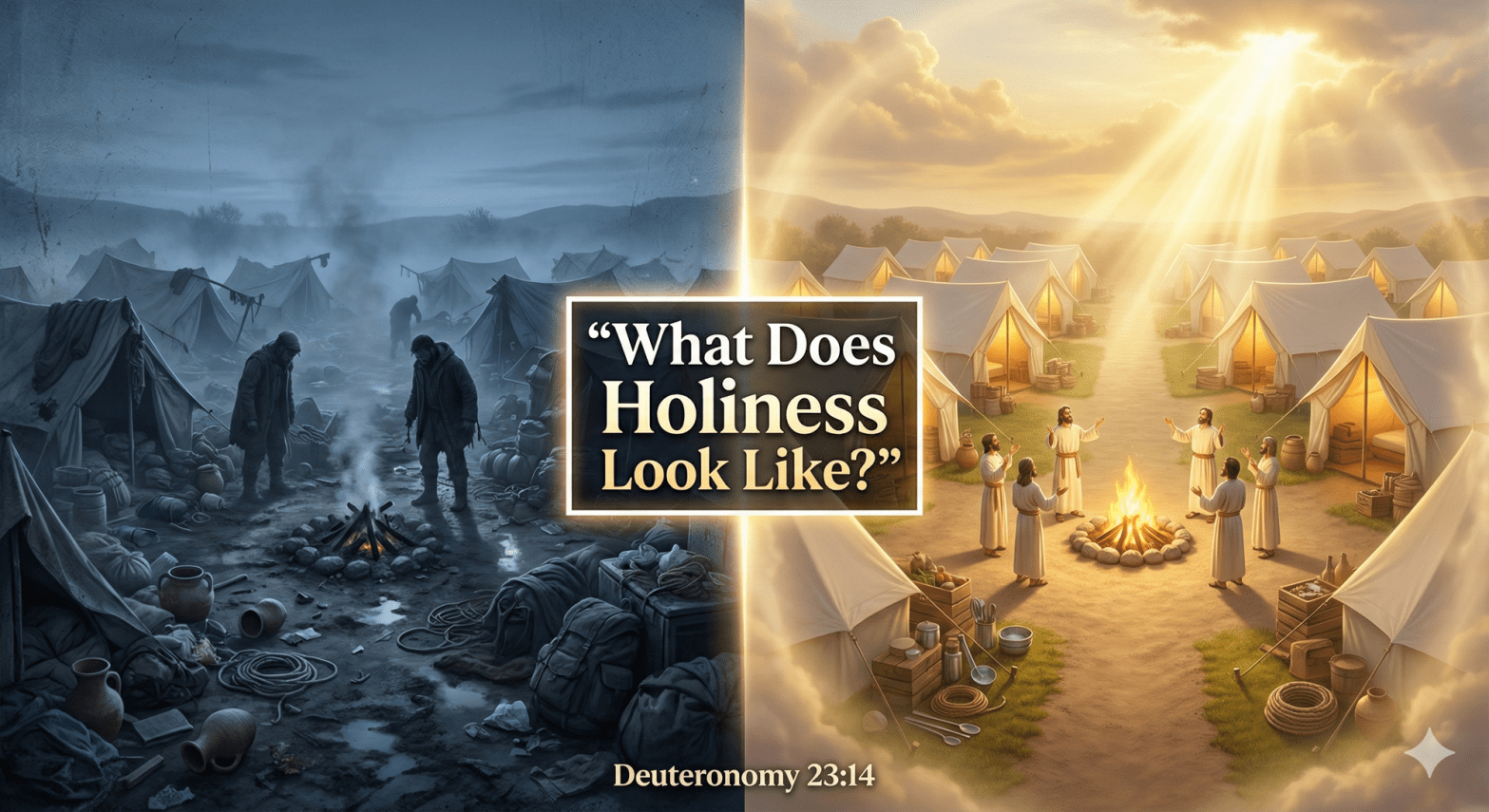 Split image contrasting shadowy cluttered camp with illuminated holy camp and divine light