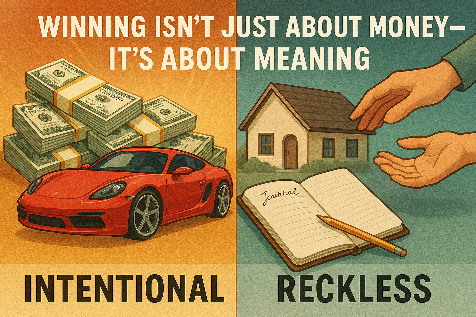 Split image showing chaotic luxury on one side and calm purposeful choices on the other after winning the lottery