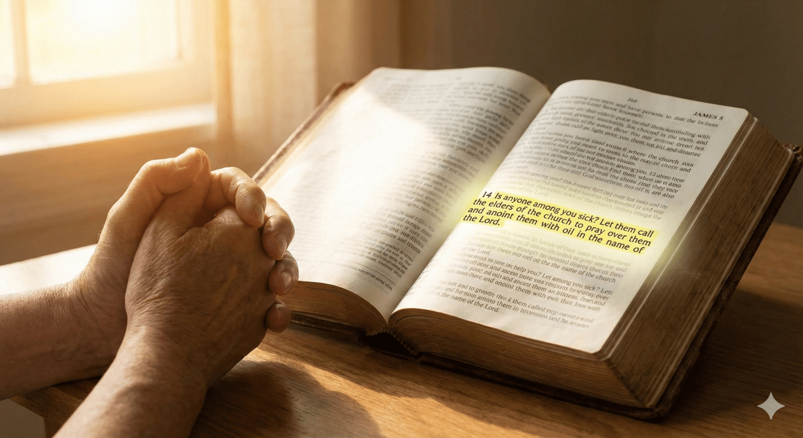 Open Bible displaying James 5:14 with folded hands in prayer beside pages under soft warm lighting