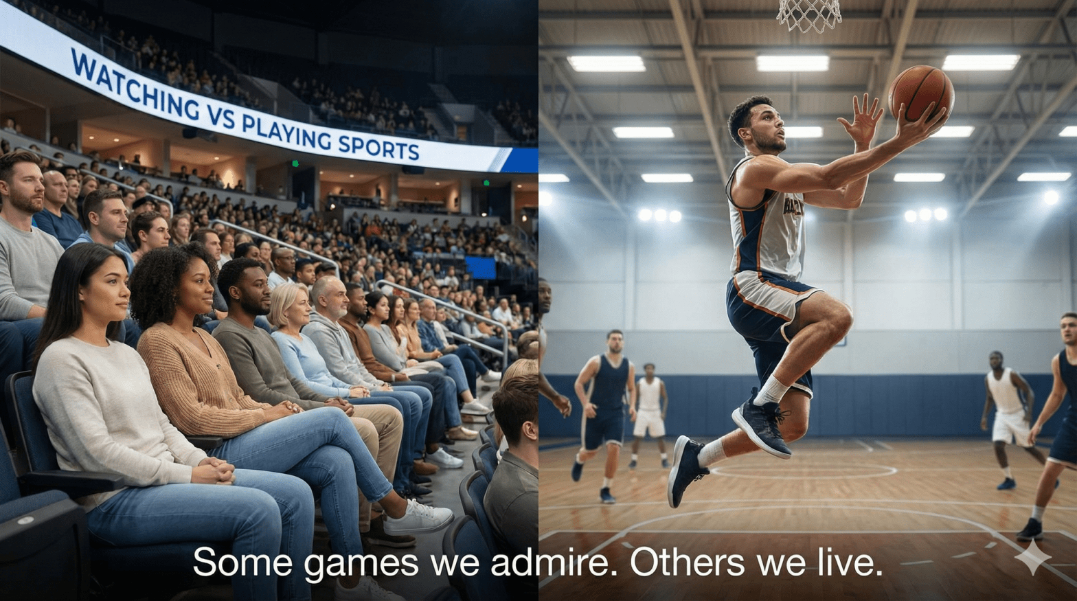 Split image showing spectators watching sports and a player actively playing on the court