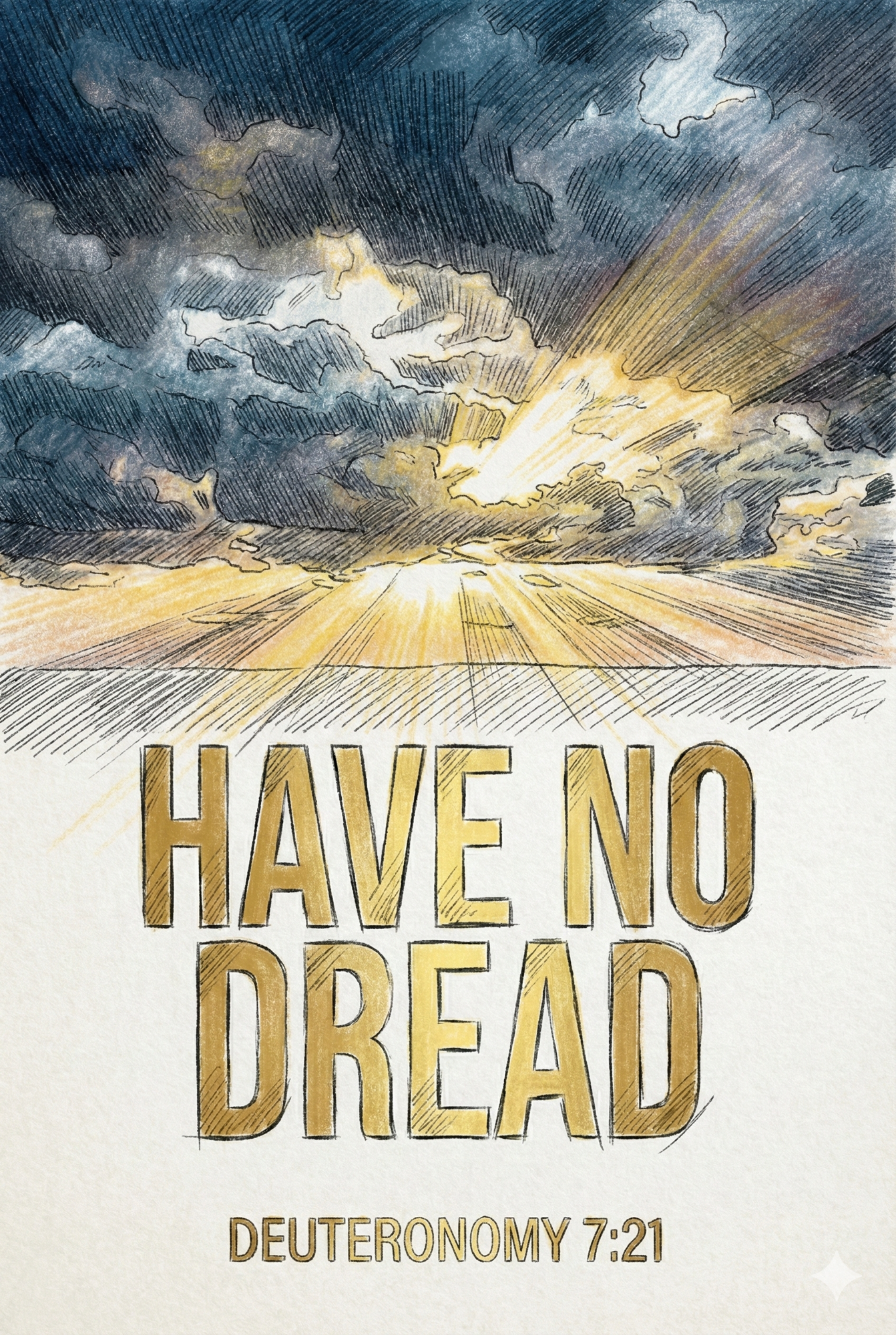 Sunrise piercing dark storm clouds with bold text reading Have No Dread overlaid on a vertical Pinterest graphic