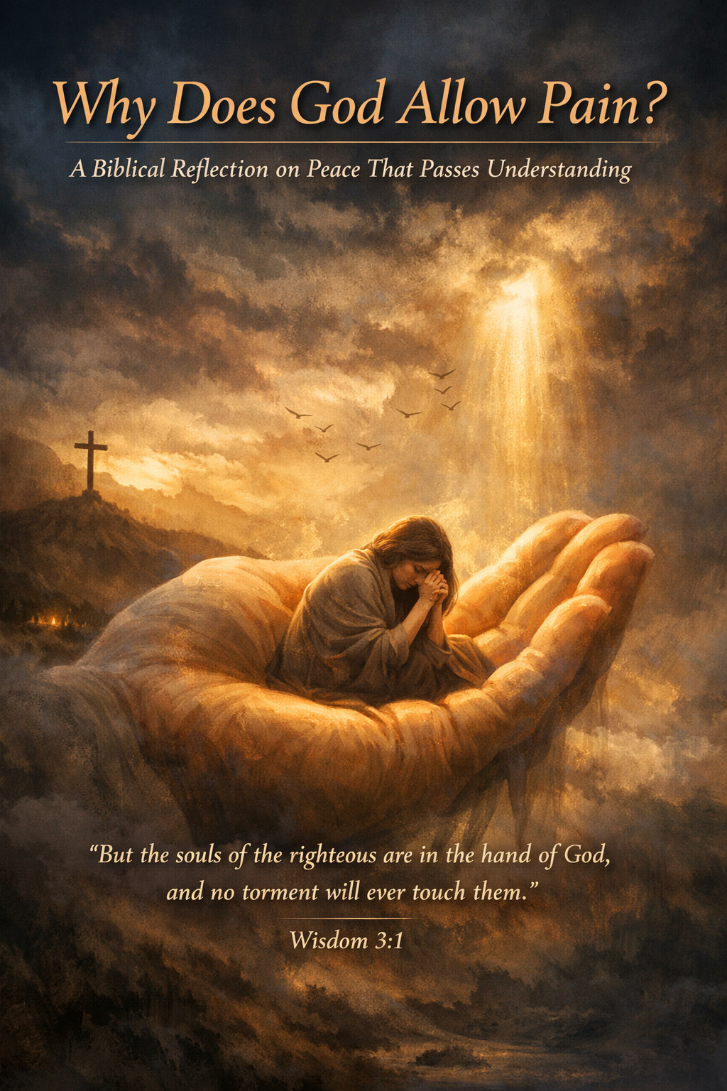 A praying woman resting in God’s glowing hand beneath a cross, symbolising Wisdom 3:1 and divine protection.