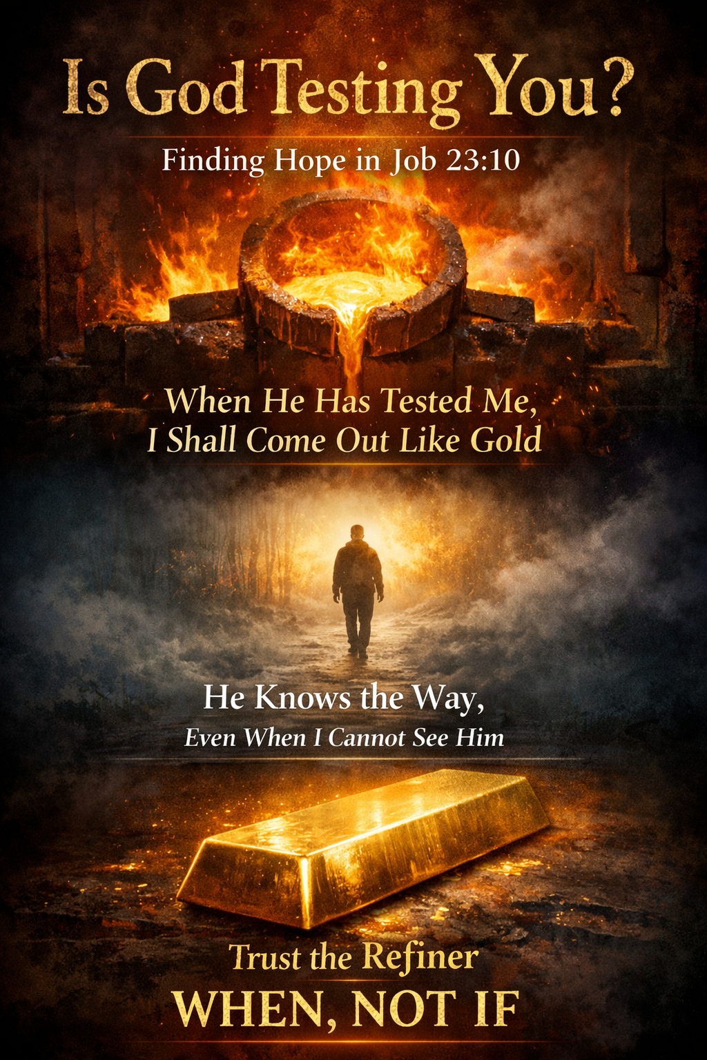 Furnace with molten gold, lone figure in mist, and gold bar illustrating Job 23:10 and faith refined by fire.