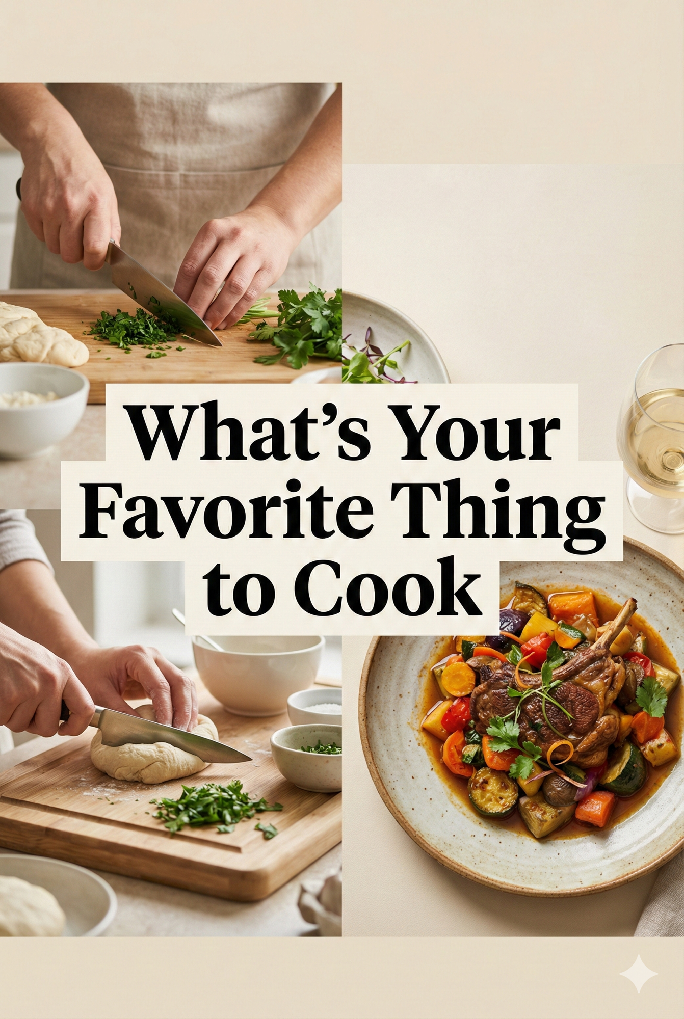 Split view of hands cooking and plated meal with text asking what’s your favourite thing to cook