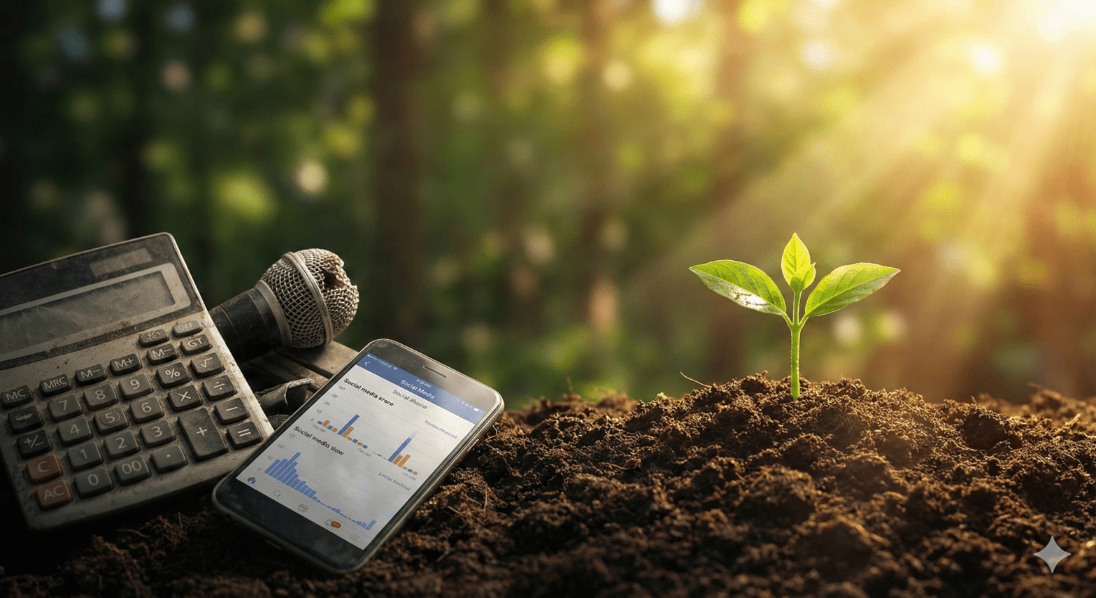 A green seedling growing in soil beside a smartphone with analytics, a calculator, and a microphone in a natural setting.