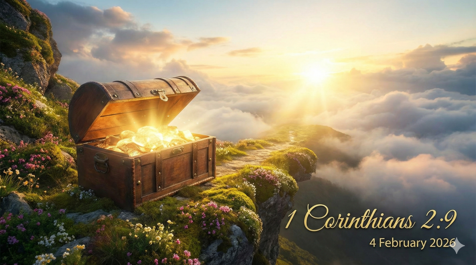 An open treasure chest with gold and light on a cliff overlooking clouds at sunrise, with "1 Corinthians 2:9" and date text.