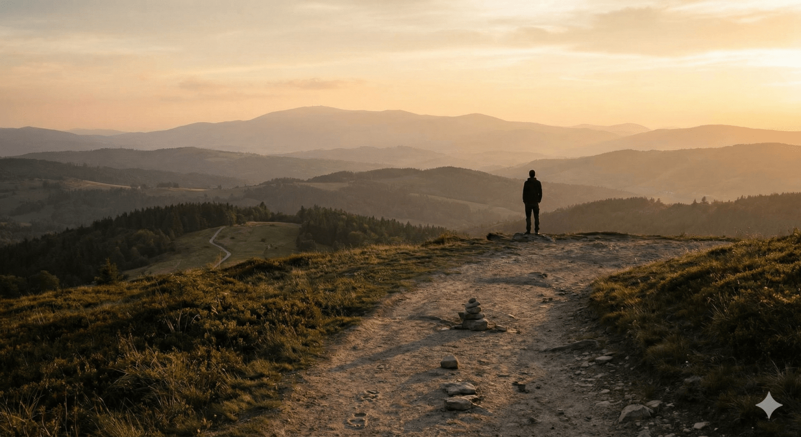 A lone figure on a winding path at a scenic overlook during sunrise, symbolises the journey of perspective.