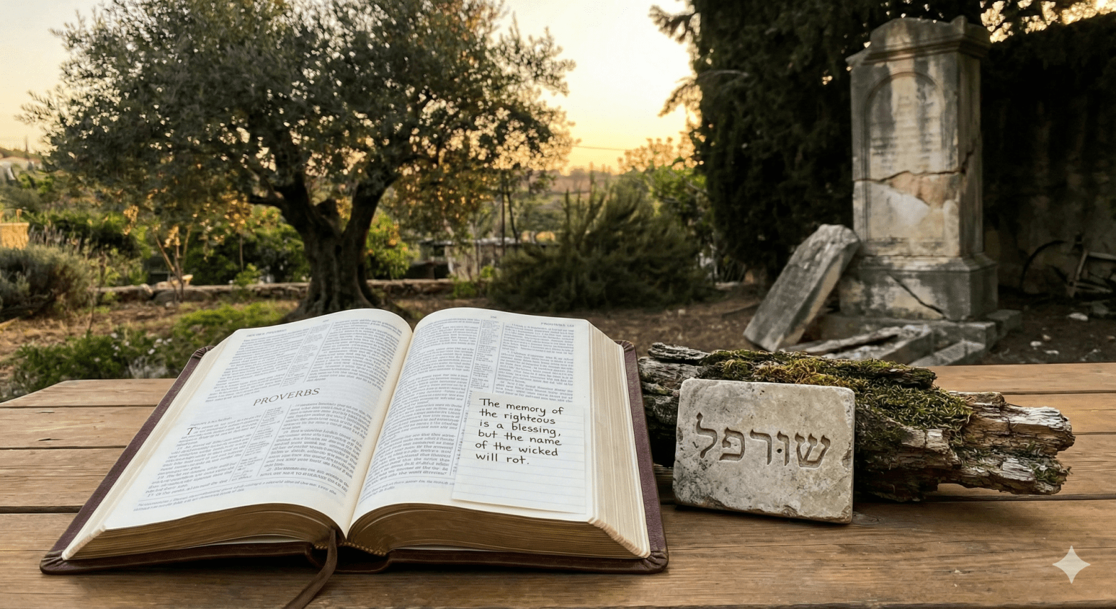 Open Bible with handwritten note of Proverbs 10:7 and a stone with Hebrew text, set against a graveyard at sunset.