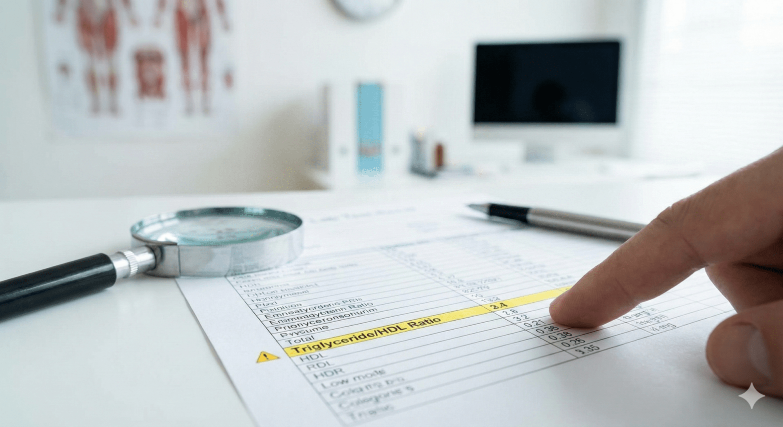 A finger points to the highlighted "Triglyceride/HDL Ratio" line on a medical lab report, with a magnifying glass nearby.