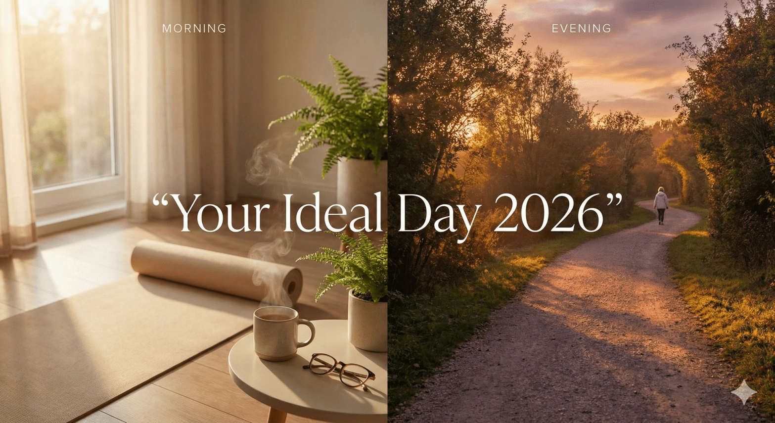 Split screen showing peaceful morning yoga setup with tea and sunset walking path representing balanced daily life