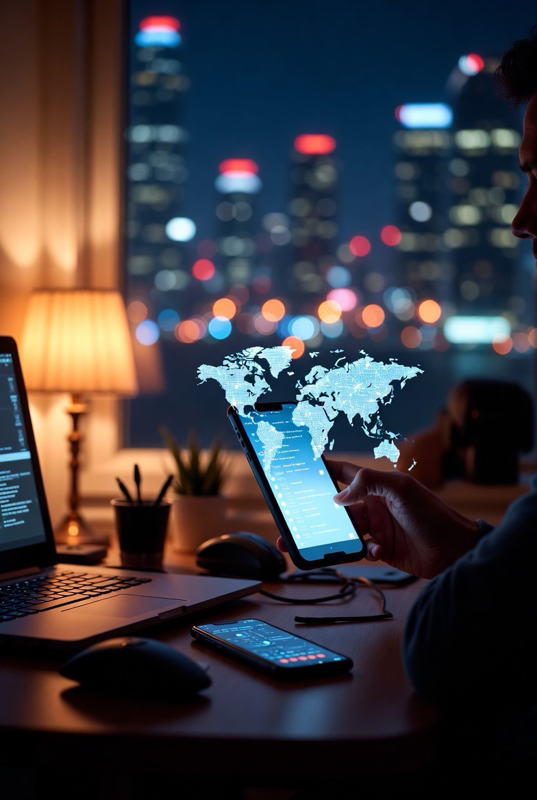 Person working on laptop with smartphone and tablet nearby, digital world map glowing on phone, symbolizing invisible essential technologies