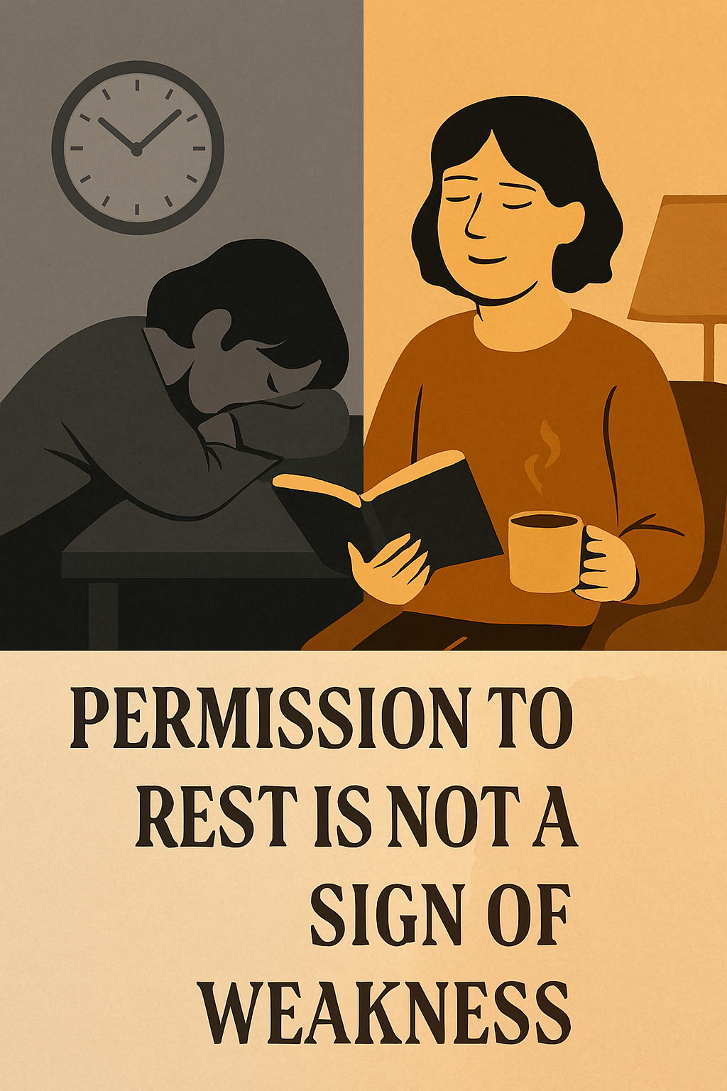 Split image showing an exhausted person at a desk versus a relaxed person with tea, illustrating the contrast between burnout and rest