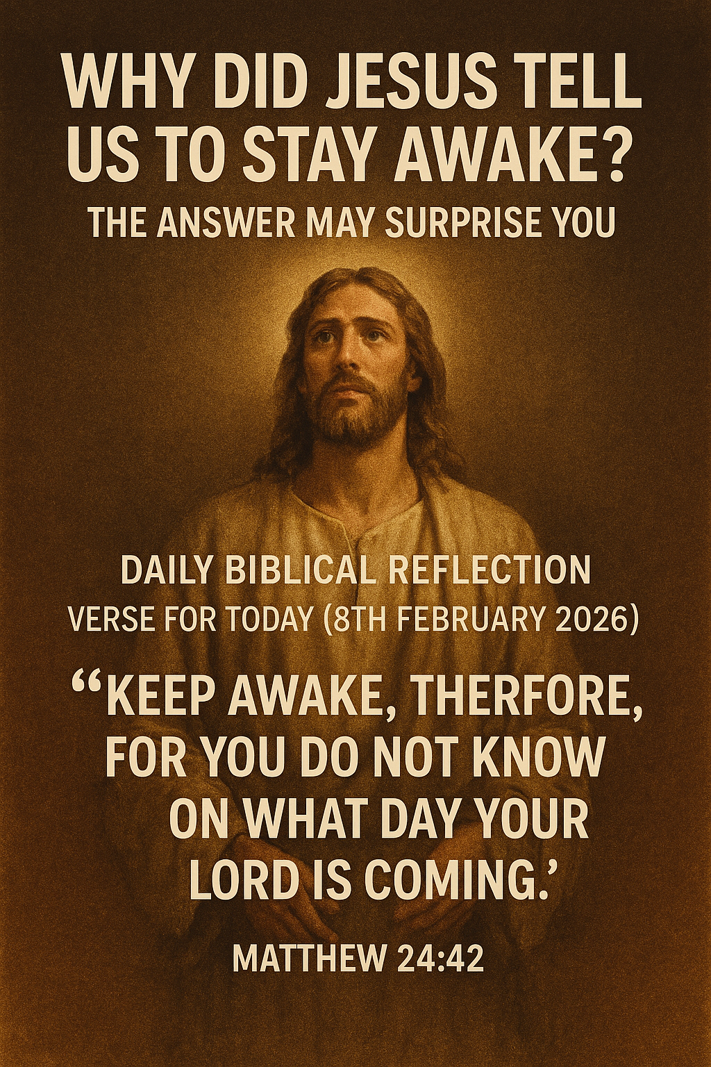 Jesus depicted with Matthew 24:42 urging believers to stay awake and ready for the Lord’s return.