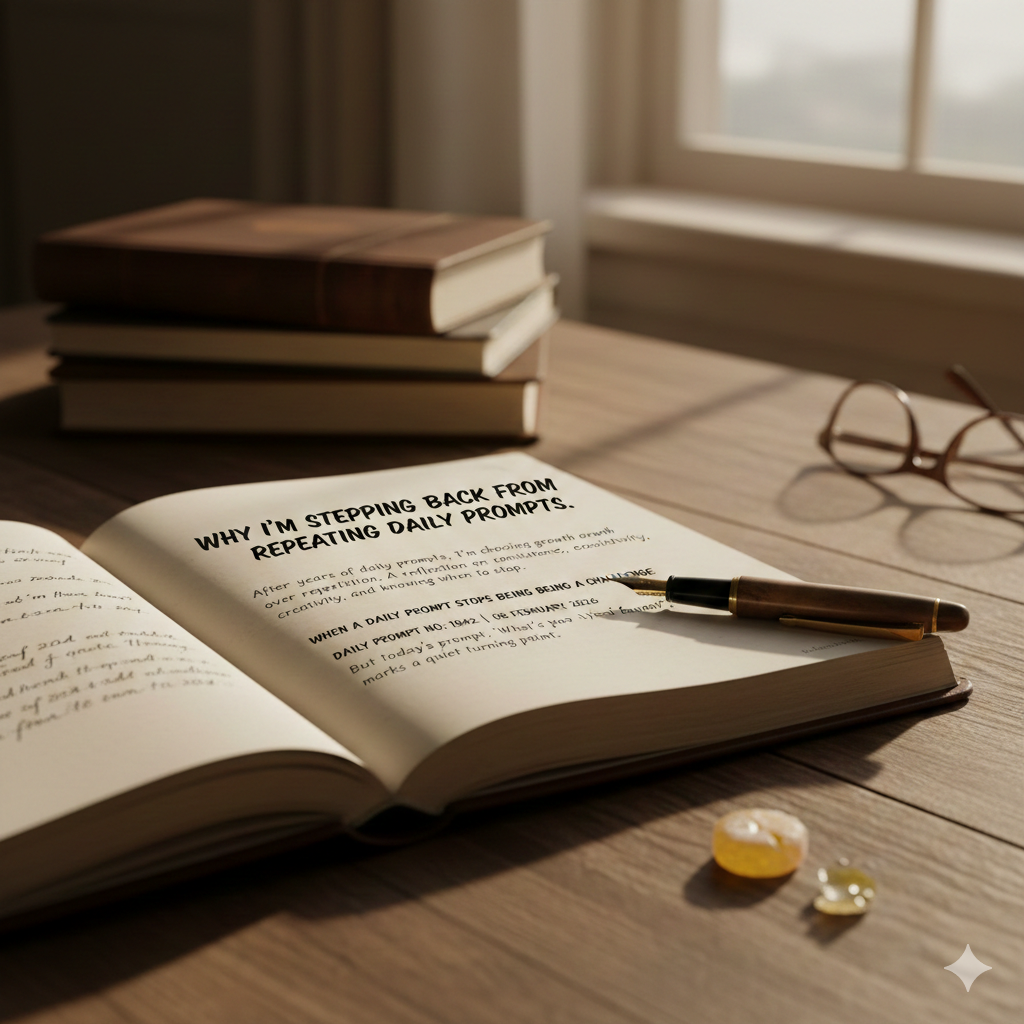 Open a journal on a desk with the words “Why I’m stepping back from repeating daily prompts,” pen and candy nearby.