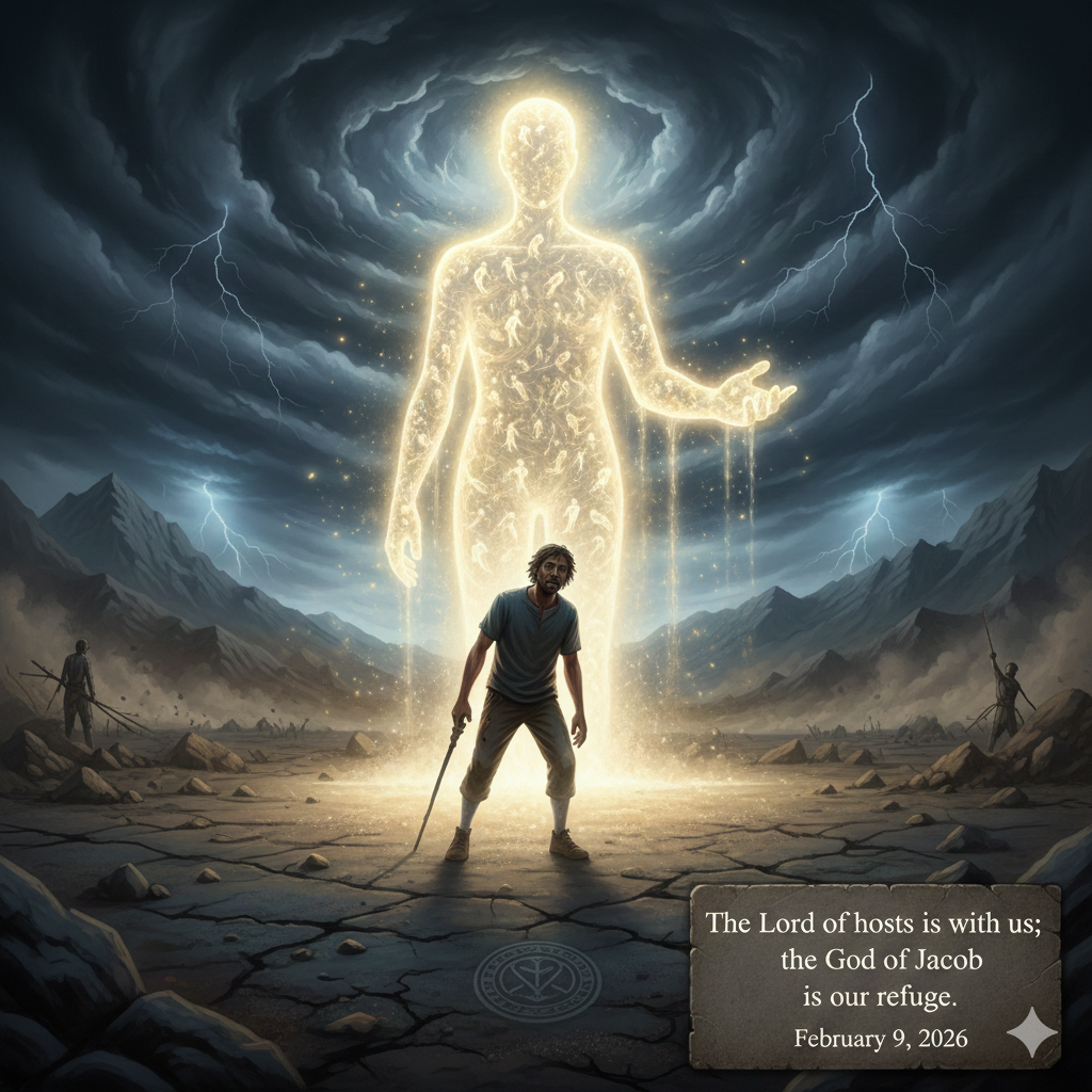 A weary man standing before a radiant divine figure in a storm, symbolizing Psalm 46:7 and God as refuge.