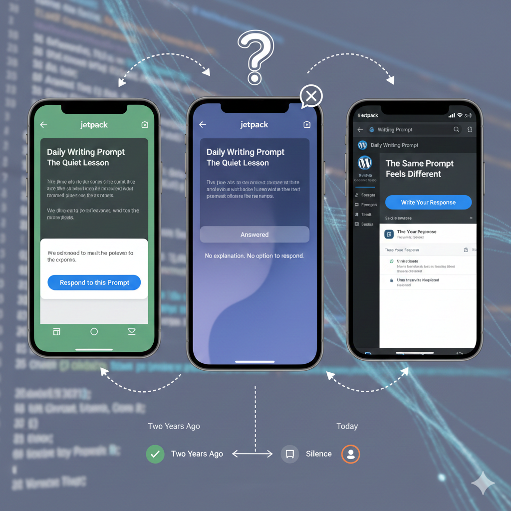 Comparison of WordPress Daily Writing Prompt display on mobile devices showing answered, silent, and active states.
