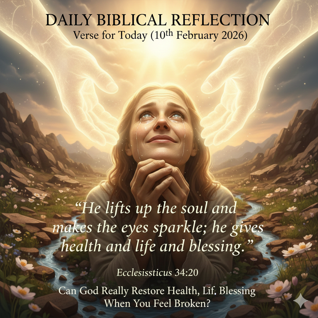 A woman praying with tears as radiant hands symbolize God’s healing, restoration, and blessing from Ecclesiasticus 34:20.