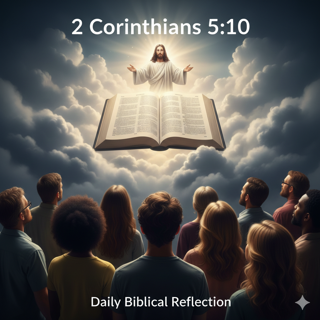 Illustration of Jesus above an open Bible with people looking up, referencing 2 Corinthians 5:10.