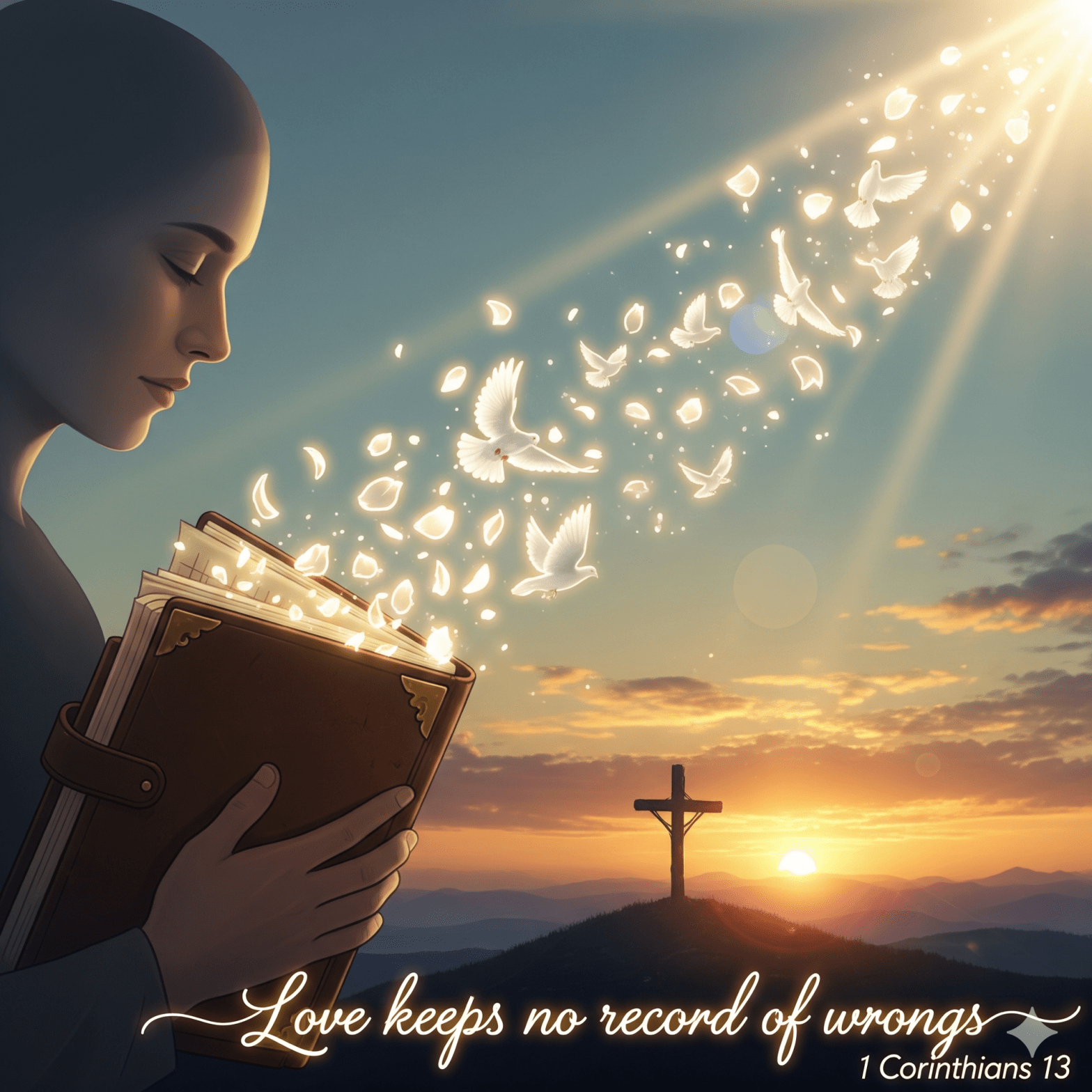 Woman holding Bible with glowing doves rising, cross on hill at sunrise, verse from 1 Corinthians 13.