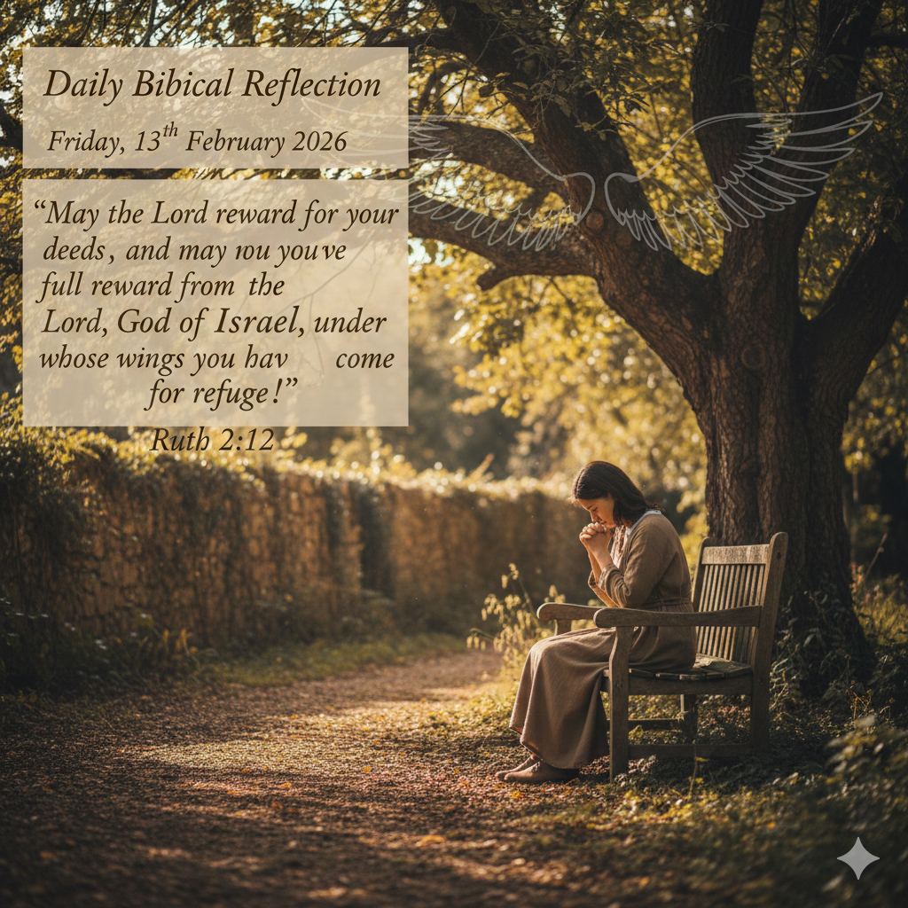 Woman praying on a park bench beneath a tree with Ruth 2:12 Bible verse about refuge under God’s wings.