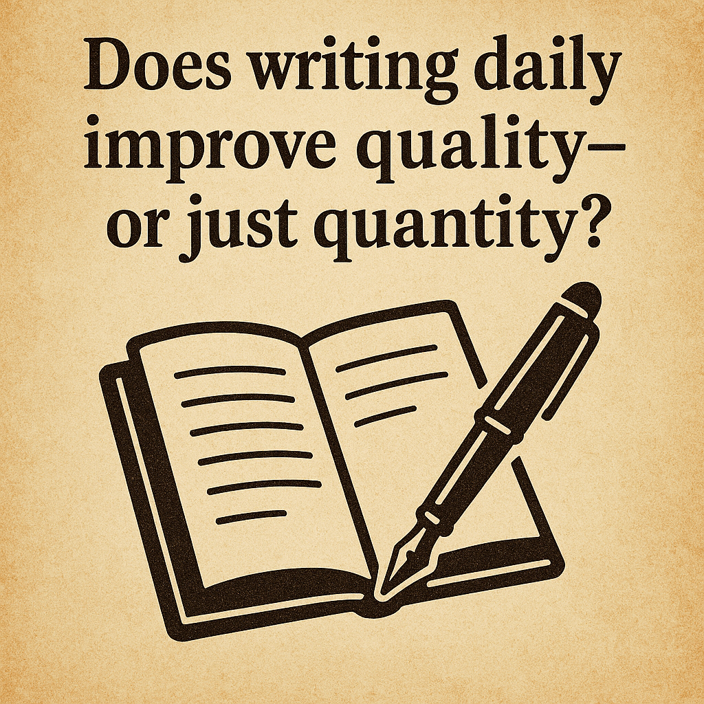 Typography image asking if writing daily improves quality or quantity with a notebook and pen icon.