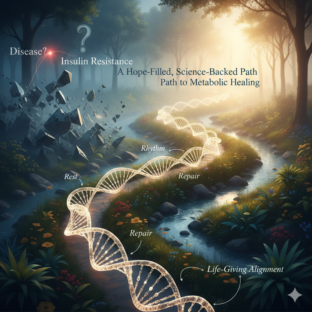 Glowing DNA strand along a forest stream symbolizing metabolic healing from insulin resistance.