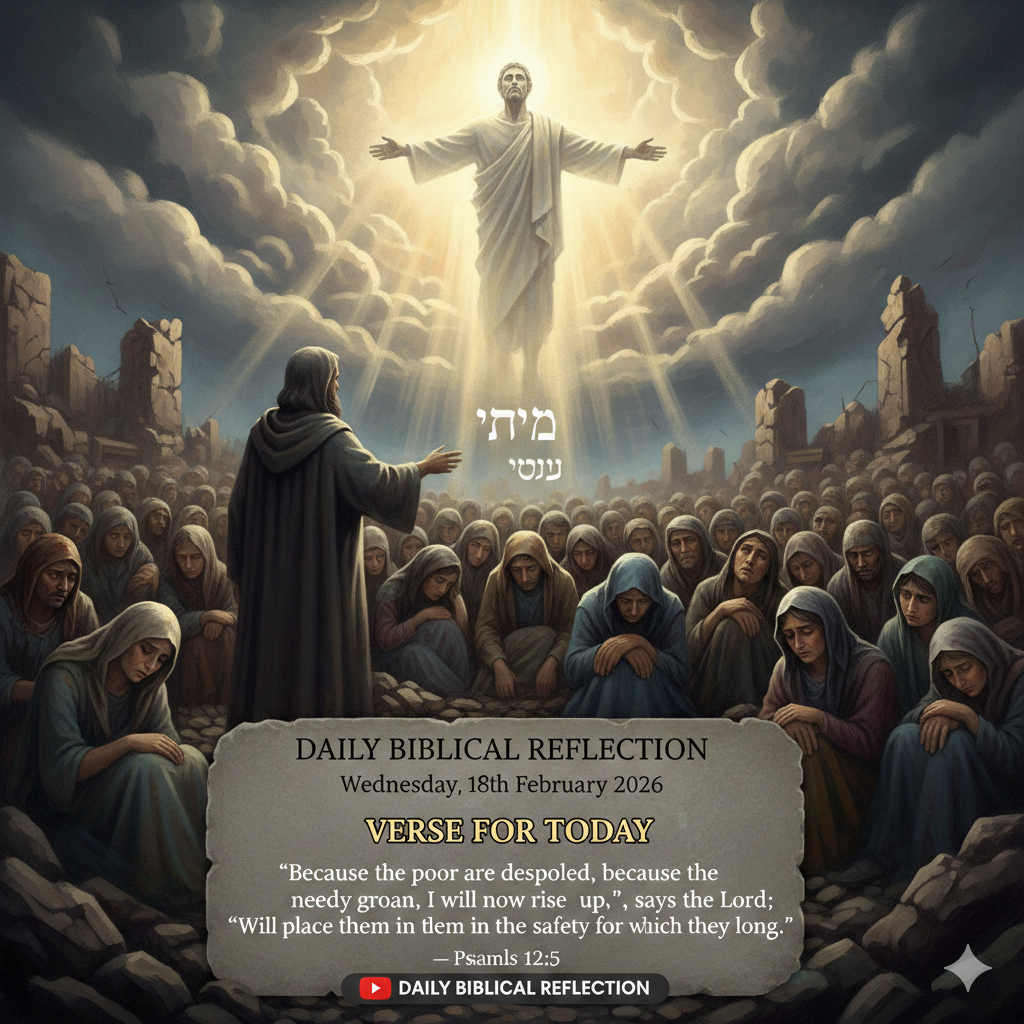 Jesus rising in glory above mourning crowd, Psalm 12:5 verse in Daily Biblical Reflection, Feb 18, 2026.