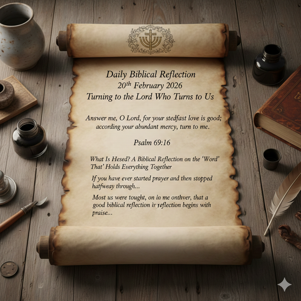 Parchment scroll with Daily Biblical Reflection dated 20 February 2026 on Psalm 69:16
