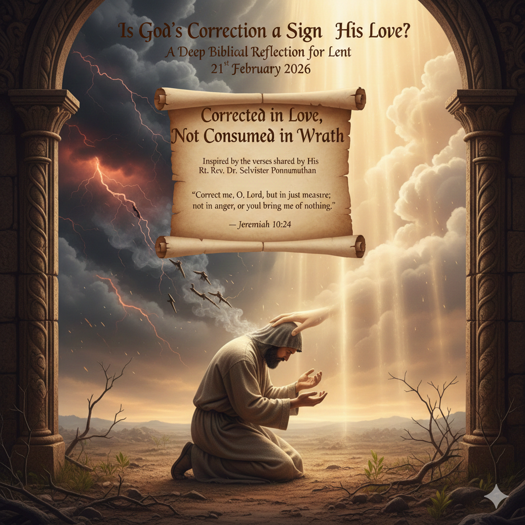 Kneeling man in desert light under storm clouds, symbolising Jeremiah 10:24 and divine correction.