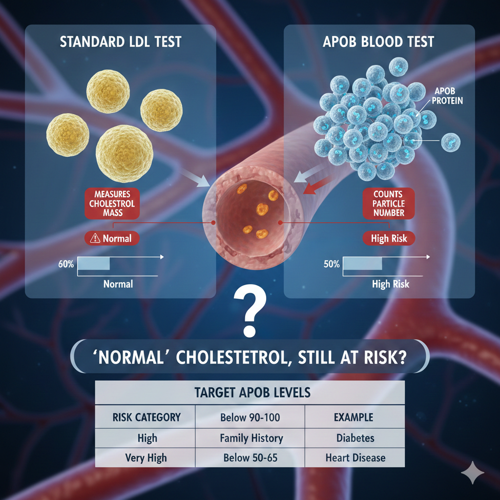 Infographic comparing standard LDL test measuring cholesterol mass with ApoB test counting particle number