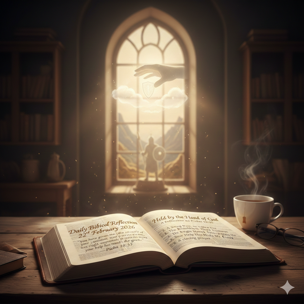 Open Bible reflection book on wooden desk with coffee cup and light through church-style window