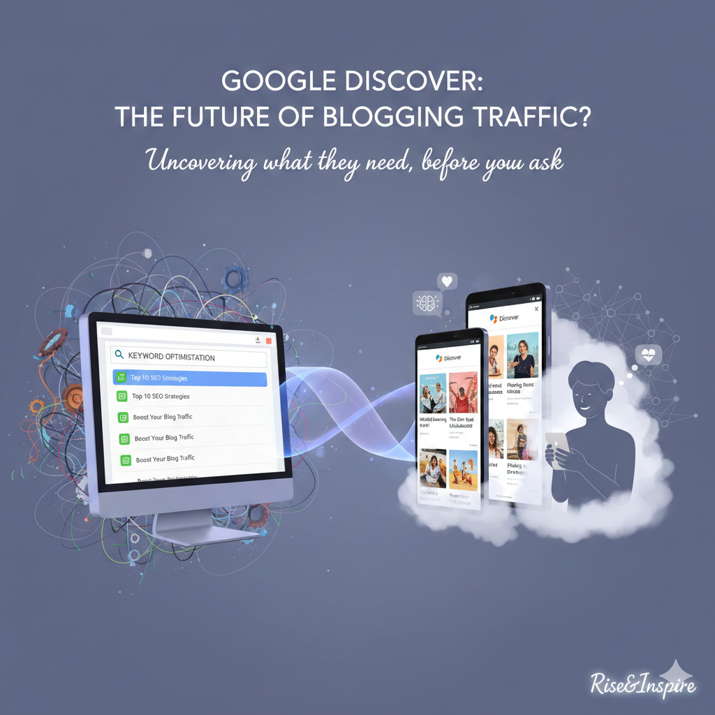 A graphic comparing keyword search optimisation on desktop with Google Discover feed on mobile devices.