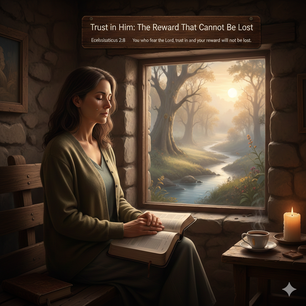 Woman reading Bible by candlelight near window with sunrise landscape, themed on Ecclesiasticus 2:8 trust in God.