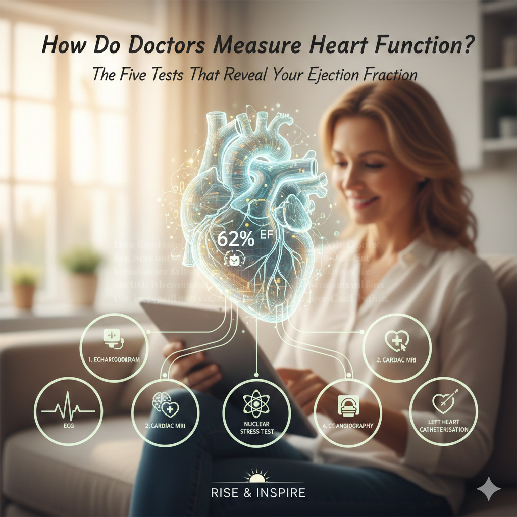 Woman viewing digital heart hologram showing 62% EF with icons for ECG, MRI, echo, and angiography tests.
