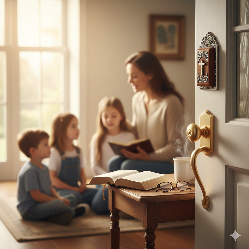 Mother reading a Bible to three children at home with a cross on the wall and an open Scripture on a table.