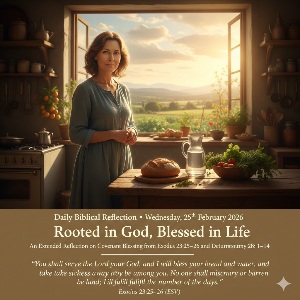 Woman in rustic kitchen at sunrise with bread and water, Daily Biblical Reflection February 25, 2026 graphic.