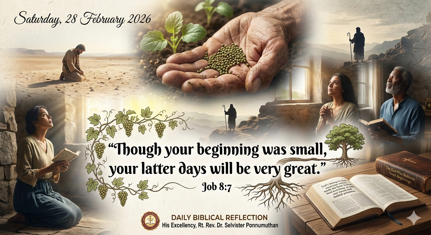 Christian devotional collage illustrating Job 8:7 with prayer, seeds, roots, Bible, and desert scenes.