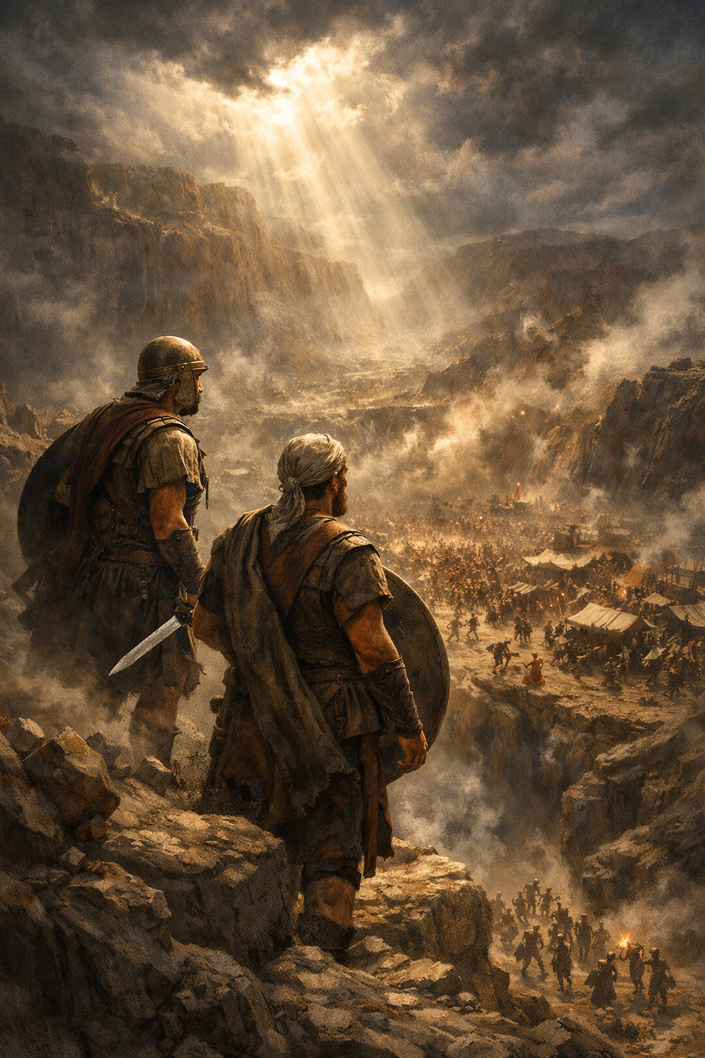 Two Israelite warriors on a cliff overlook a battlefield as divine light breaks through stormy skies