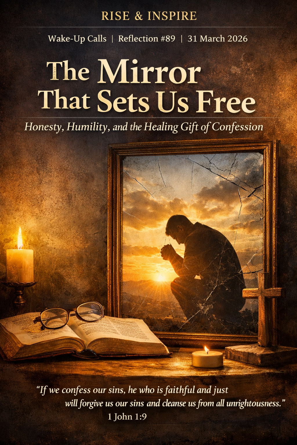 Man praying before cracked mirror with Bible and candle, symbolizing confession and spiritual cleansing