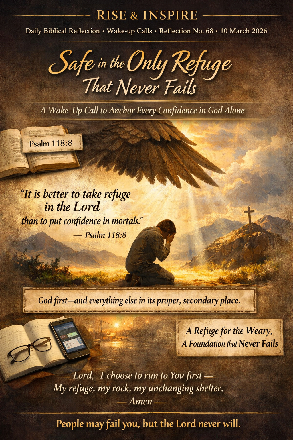Person praying under protective wings with Psalm 118:8, symbolising God as a refuge beyond human trust.