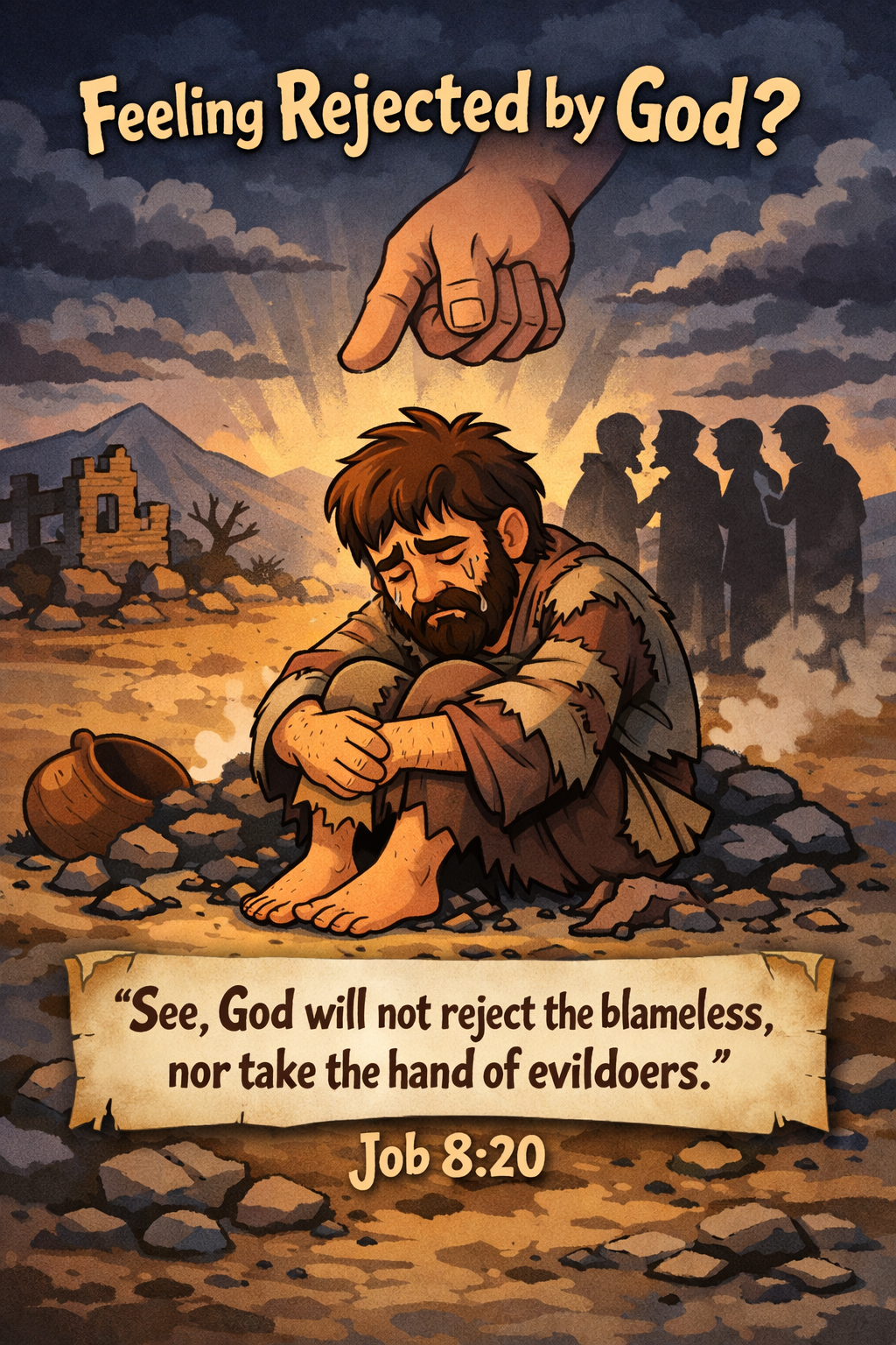 Cartoon of a sorrowful Job with accusing figures and divine light illustrating Job 8:20 about God not rejecting the blameless.